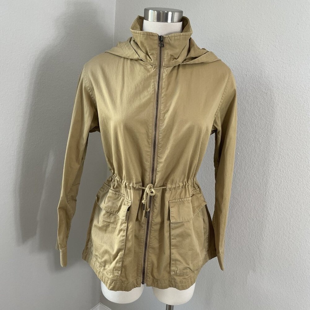 Uniqlo Womens Small Cotton Parka Beige Tan Utility Jacket‎ Detachable Hood